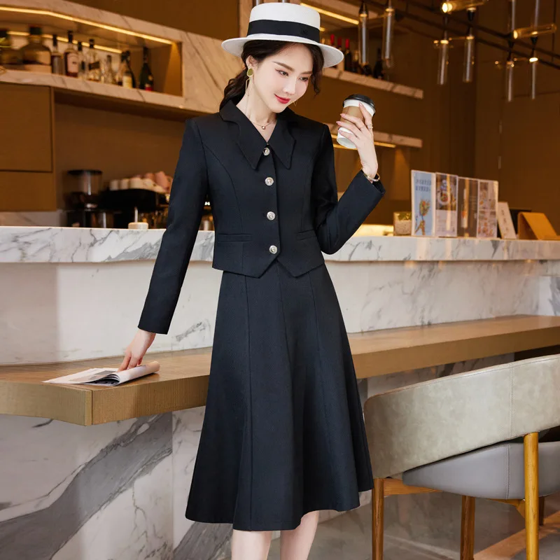 IZICFLY New Spring Autumn Fashion Blue Office Uniform Elegant Business Blazer Long Skirt Suit For Women Work Wear 2 Piece Set