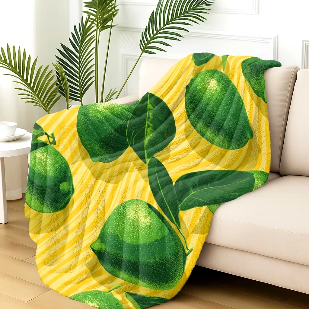 1pc Flannel Blanket, 2D Flat Printed Lime Food in Green And Yellow, a Throw Perfect for Camping, Birthday/Holiday Gifts, Versati
