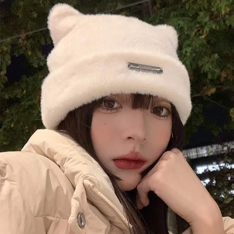 Korea Cute Cat Ears Knit Cap Autumn and Winter Warm Imitation Mink Hair Pullover Hats Women Gold Standard Japanese Beanies