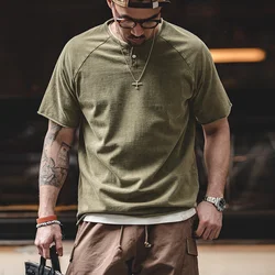 Maden Japanese Vintage Heavyweight Henley T-Shirt Men Distressed Loose Short Sleeve Tops Casual Button Cotton Washed Tee Shirts