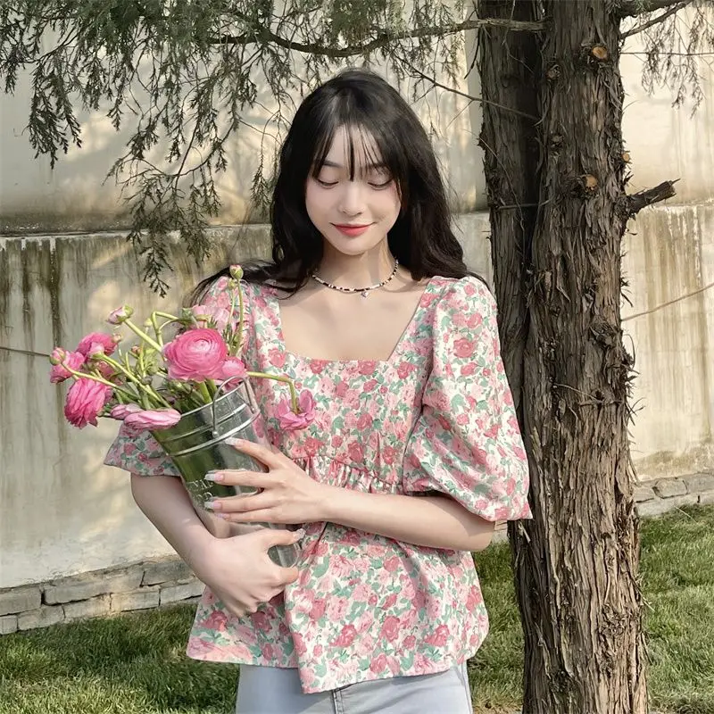 Romantic Floral Blouses Women Summer Puff Sleeve New Cute Lady Harajuku Crops Design Square Collar Party Simple Aesthetic Casual