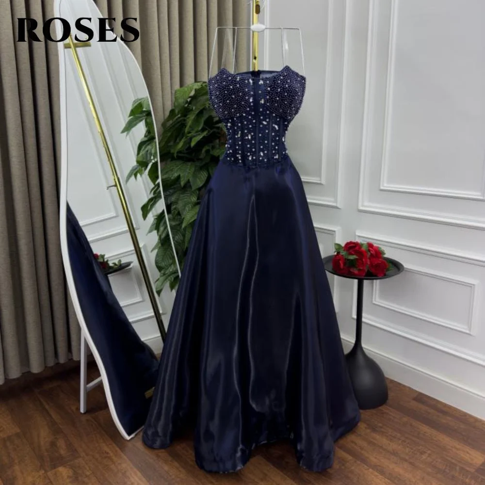 Rosas azul marinho vestido de festa com pregas a linha sem mangas vestido de noite glitter querida vestido de celebridade para mulher personalizado