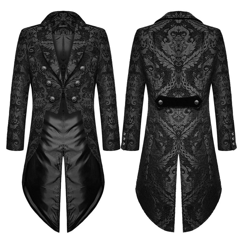 Adult Men Medieval Cosplay Black Jackets Devil Fashion Gothic Steampunk Tailcoat Costume Black Brocade Damask Wedding Halloween