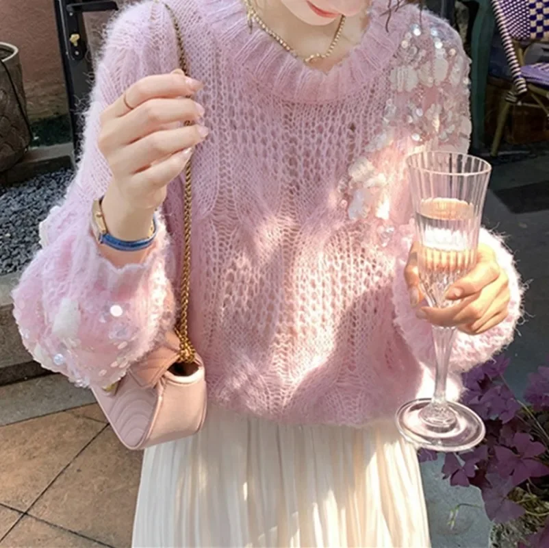 Pink Autumn Ladies Korean Ins Fashion Stylish O-neck Knitted Top Women's Sweet Fairy Solid Sequins Pullover Sweater Cut Out