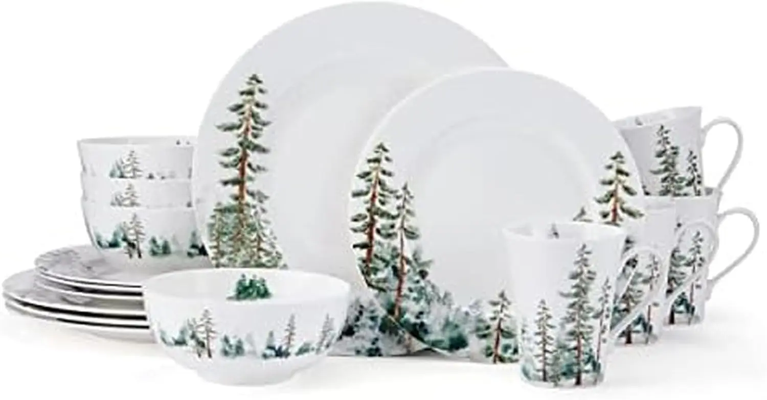 White Watercolor Forest Bone China Dinnerware Set, 16 Piece, Service for 4, Lightweight and Chip Resistant