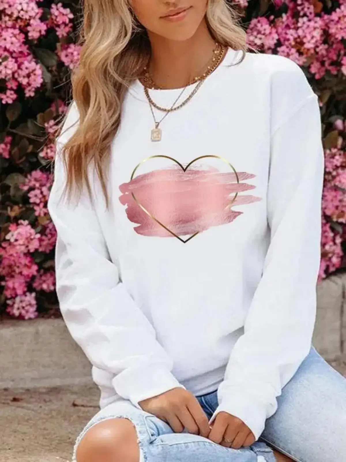 Autumn Winter Women Casual Round Neck Sweatshirt Y2K Doodle Love Print Trendy Street Tops Cute Loose Pullover