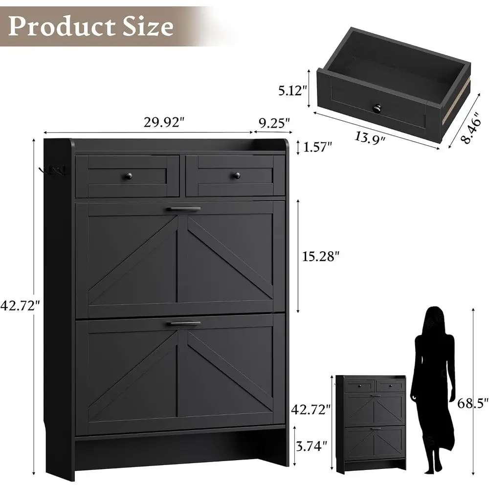 Shoe Storage Cabinet or Entryway, armhouse Narrow Shoe Cabinet with 2 lip Ders & Top Ders, Adjustable Shelves & Hooks, reestandi