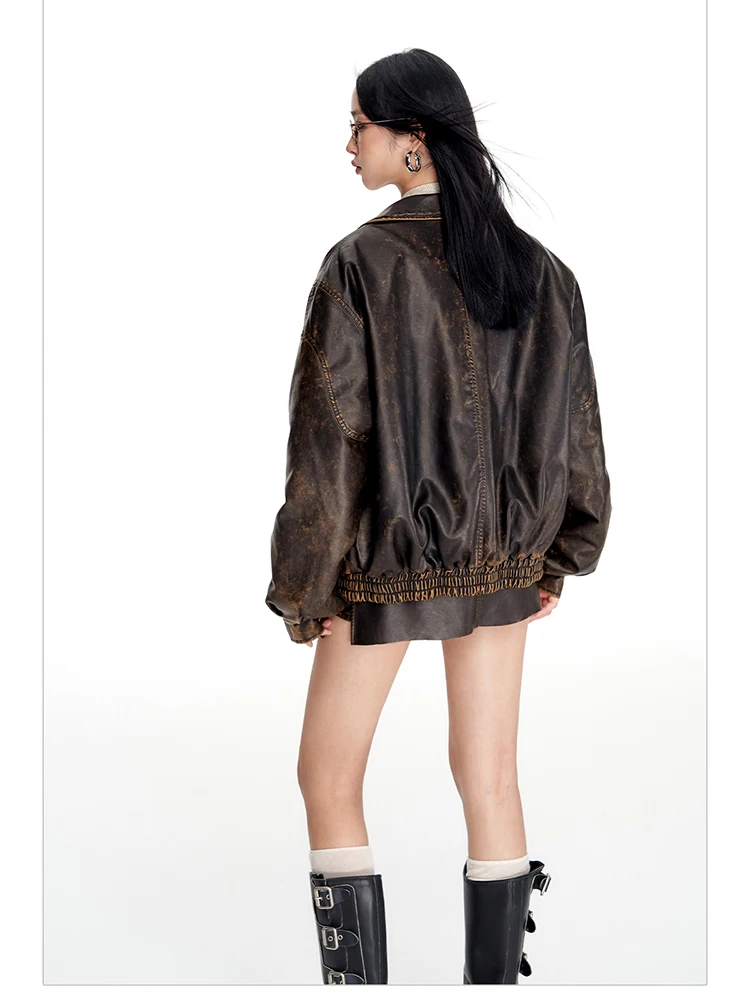 Lautaro Spring Autumn Cool Handsome Vintage Distressed Brown Pu Leather Jacket Women Faux Fur Collar Luxury Designer Clothing