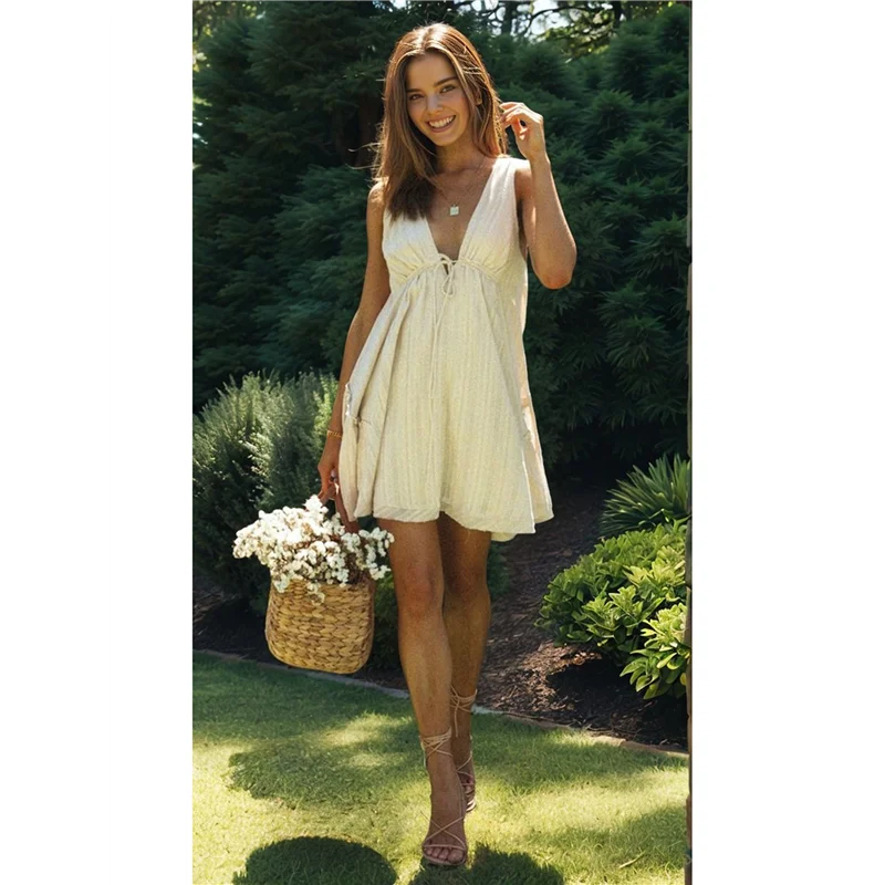 ABRT-Mini vestidos femininos de verão sem mangas com decote em V profundo em camadas balanço sem costas para sair férias boho