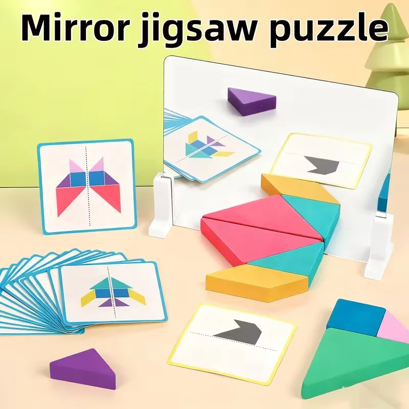 

Wooden Fun Mirror Geometric Block Puzzle Toy Spatial Logic Development and Hand-Eye Coordination Gift Early Brain EducationalToy