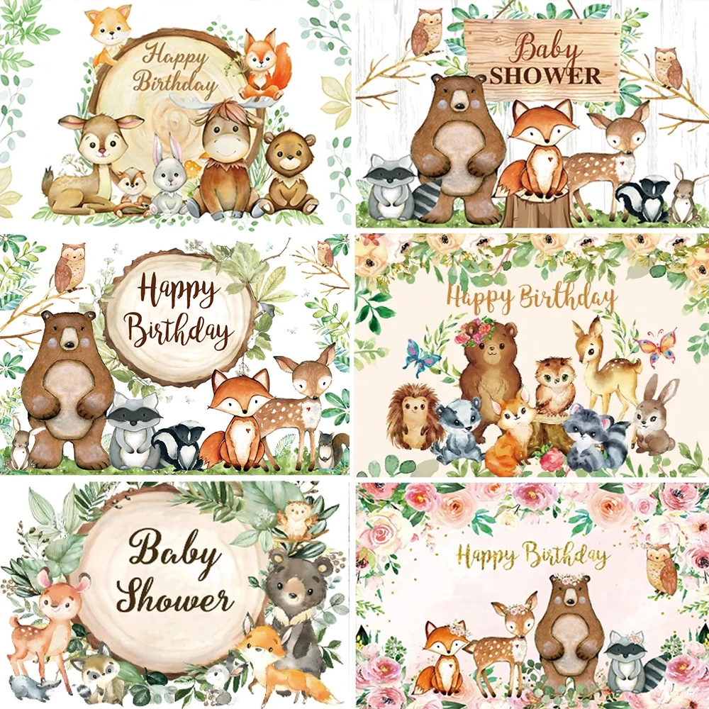 Laeacco Birthday Photophone Forest Flowers Leaves Safari Party Animals Newborn Kid Baby Shower Photography Backdrops Backgrounds