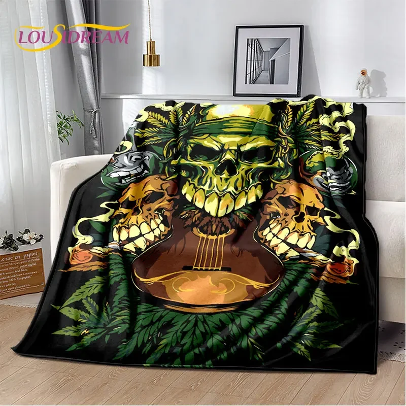 Maple Weed Plants Green Death Skull Soft Plush Blanket,Flannel Blanket Throw Blanket for Living Room Bedroom Bed Sofa Picnic Kid