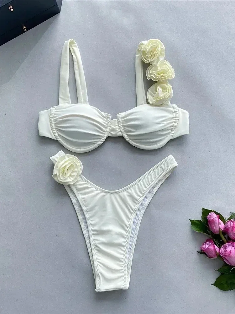 

Circyy Bathing Suit Women Sexy 3D Floral Bikini Suit Soild Color Swimwear Two-pieces Swimsuit 2024 Summer Thong Split Beachwear