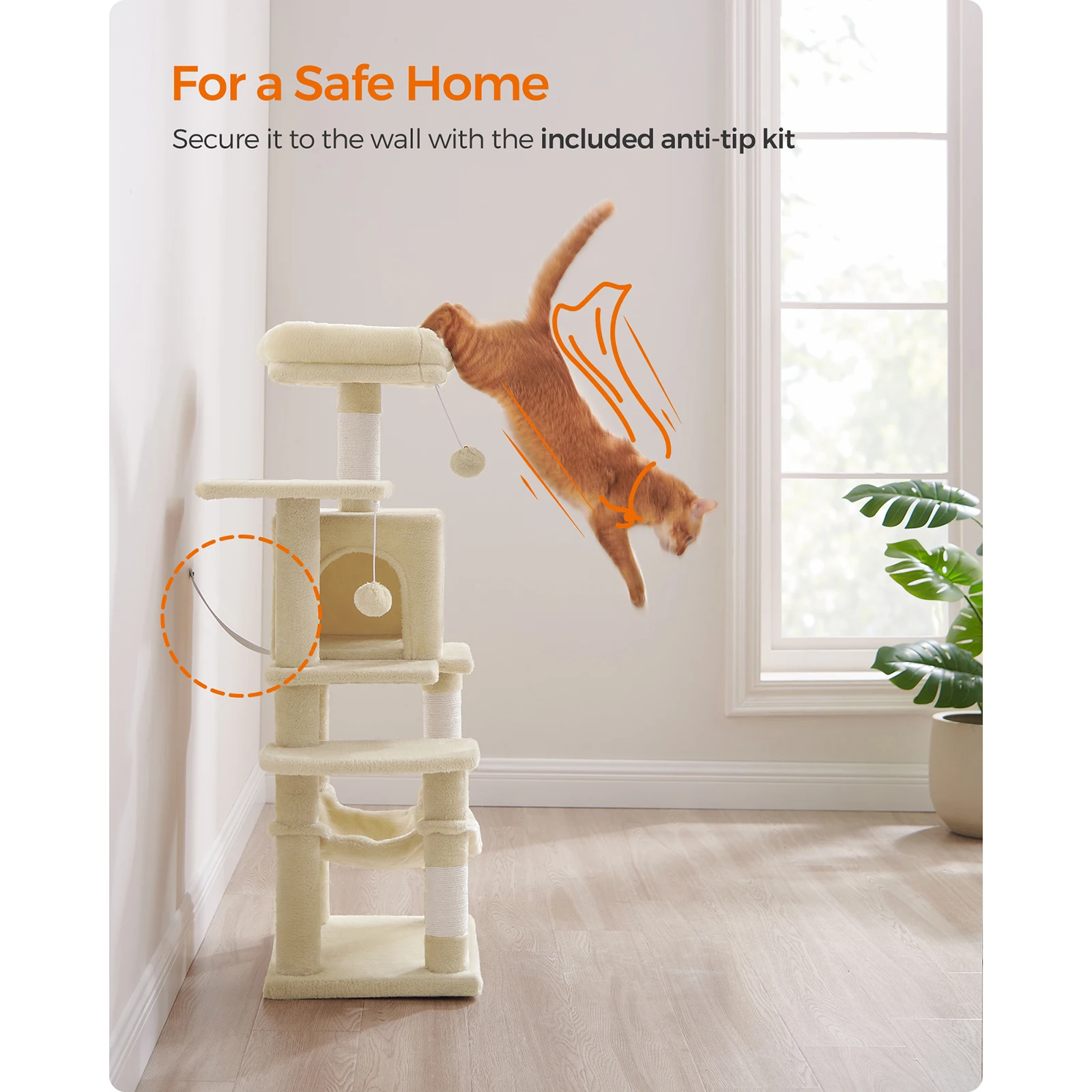 Feandrea Cat Tree, 112 cm Cat Tower , Multi-Level Plush Cat Condo with 4 Scratching Posts, 4 Perches, Cave, Hammock