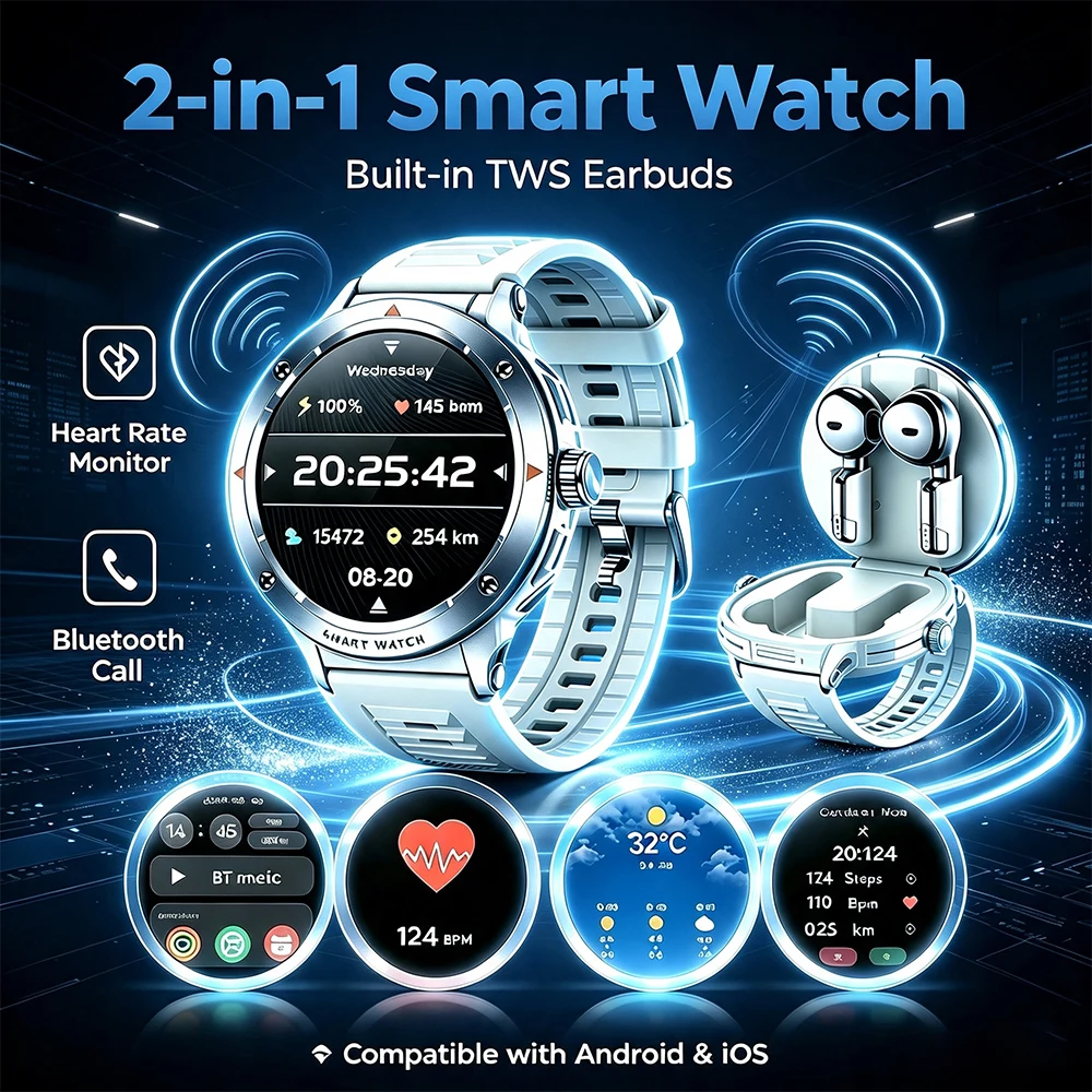 2-in-1 Smart Watch Built-in TWS Earbuds 1.46"HD Screen Sport Watch BT Call Heart Rate Monitor IP67 Fitness Watch for Android iOS