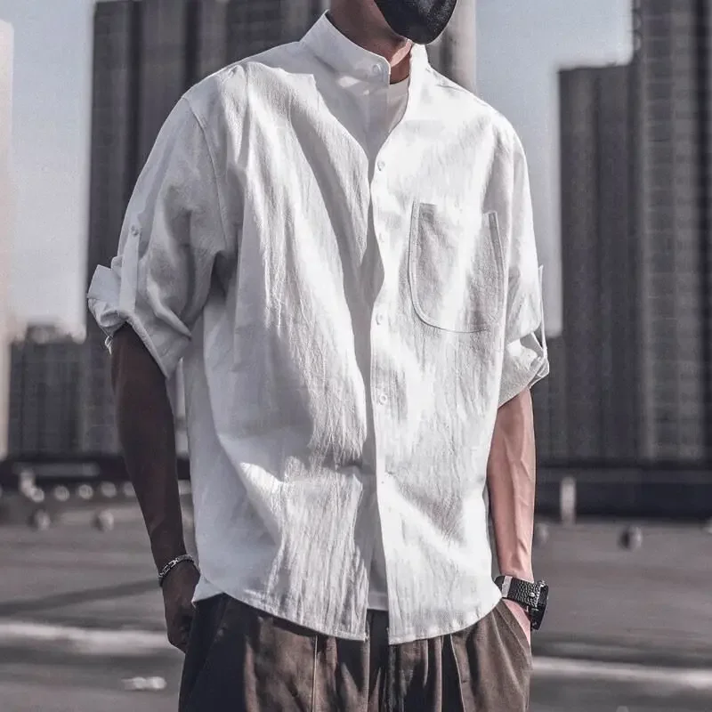 

Men's Shirt with Pocket Plain Linen Male Shirts Clothing High Quality Luxury Designer Regular Japanese Vintage I Sleeves JJ1217