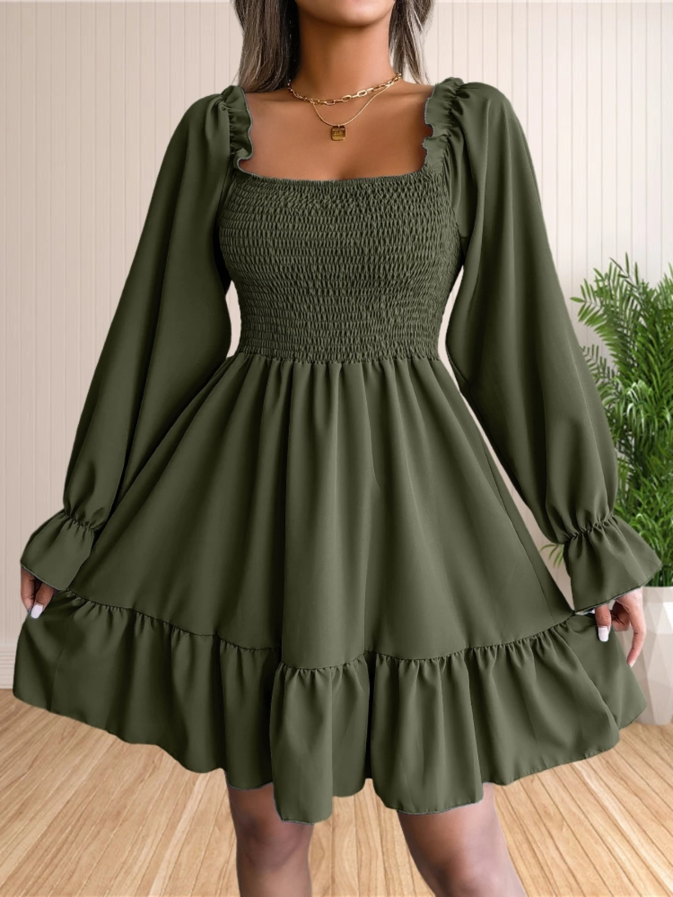 Womens Puff Sleeve Smocked Dresses Square Neck A Line Swing Flowy Ruffle Hem Babydoll Mini Dress