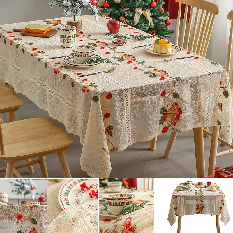 

1PC Beige Lace Tablecloth Beige Red Lucky Bells Washable Table Cover for Party Wedding Picnic Dinner Decor Christmas Decoration