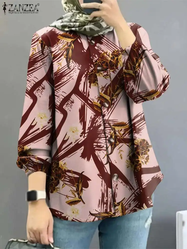 ZANZEA-Blusa musulmana Vintage con estampado Floral para mujer, Tops informales con botones, ropa islámica, camisa de trabajo de manga larga, Otoño,