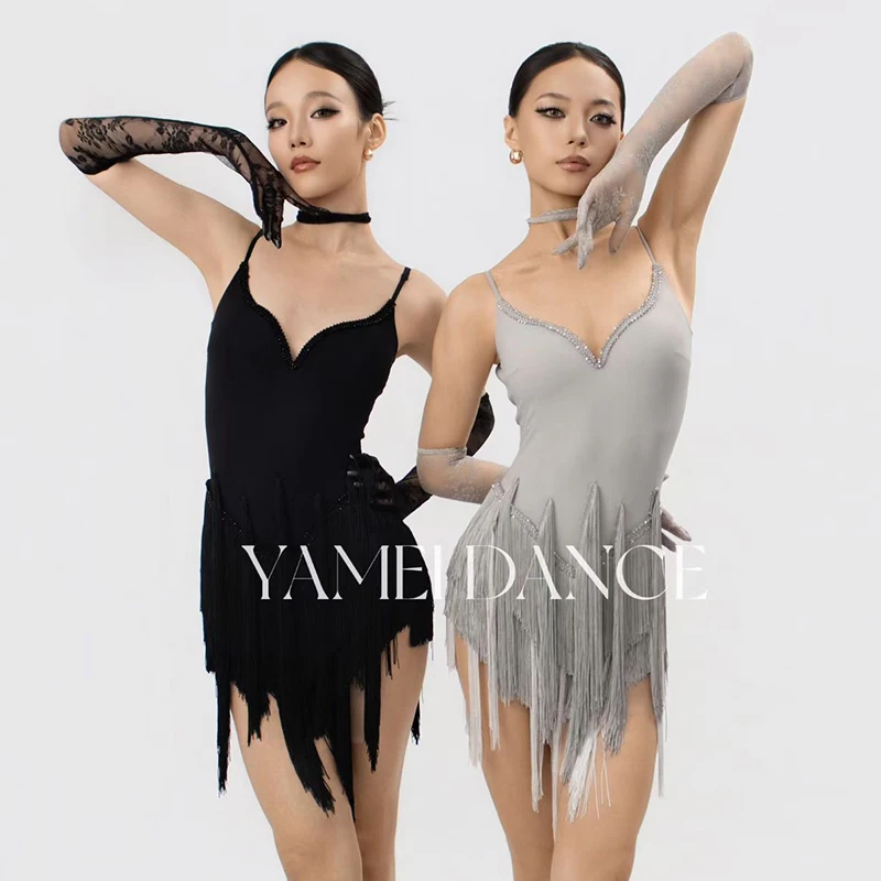 

Latin Dance Competition Dress Women Sext Gray Black Fringed Dress Lace Gloves Competition Clothing Chacha Performance Dress