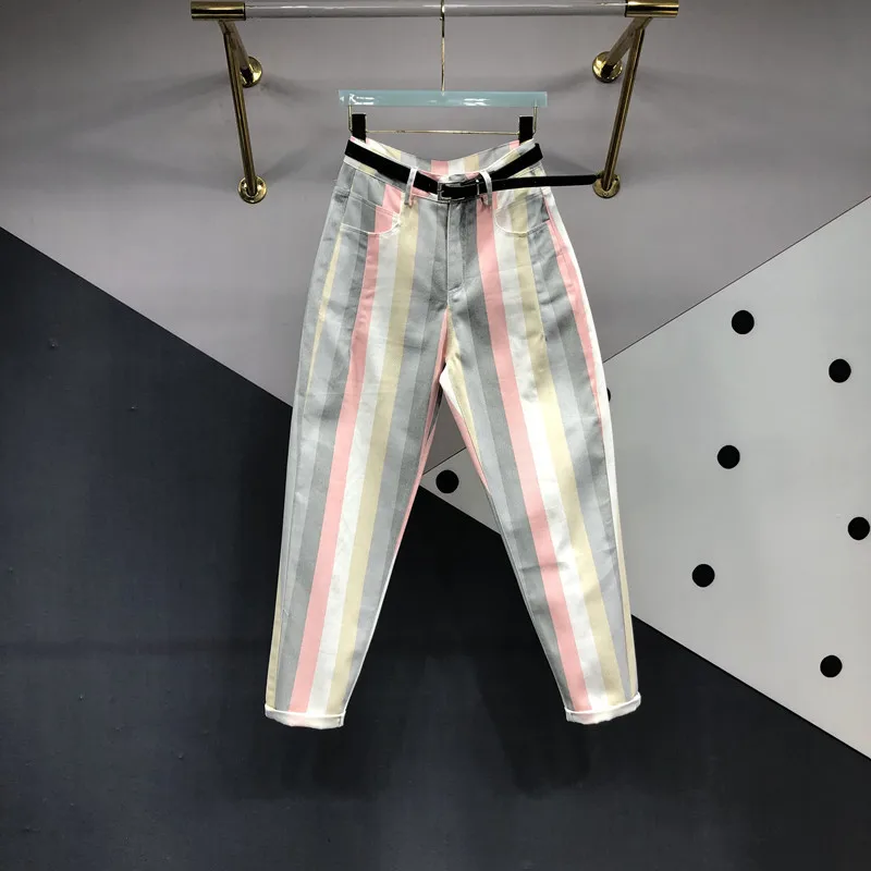 Colorful Stripe Jeans For Women Spring And Summer New Versatile High Waist Ankle-length Pants Baggy Jeans Female Trousers