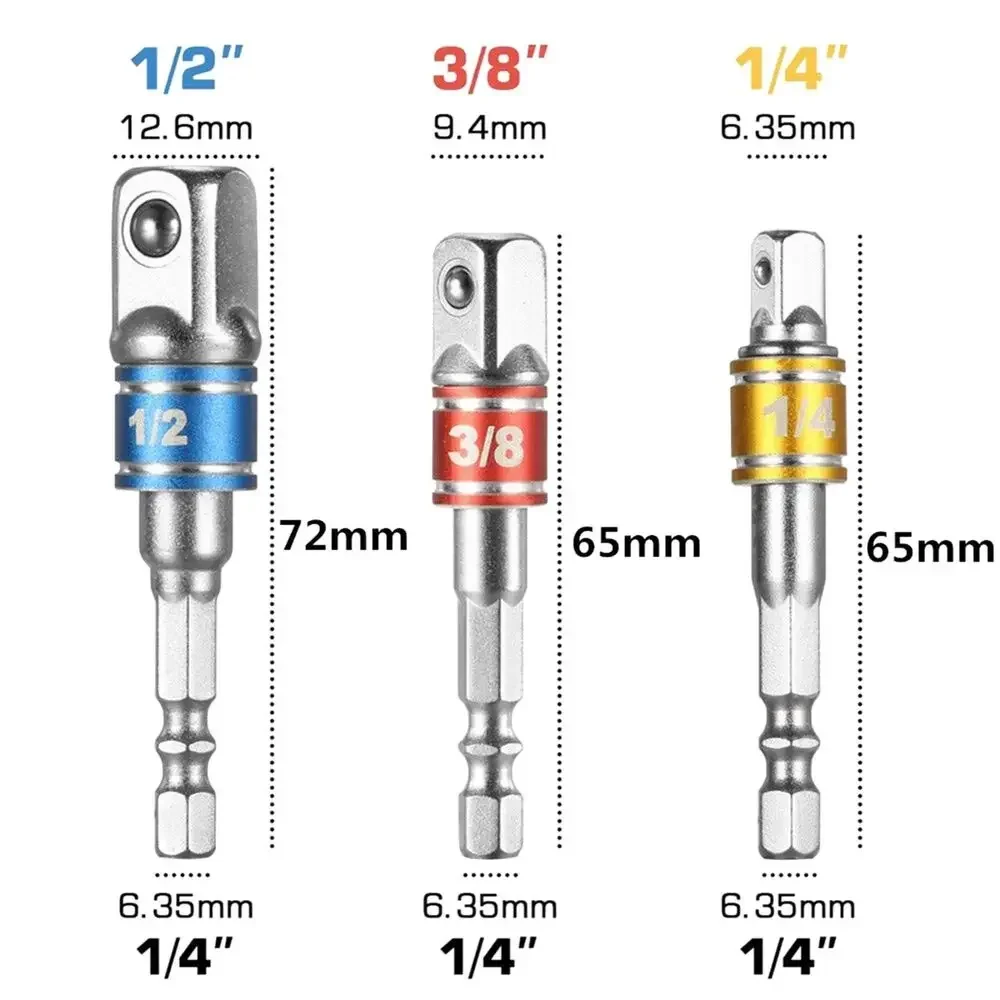 3 Pcs Drill Socket Adapter Impact Drill Extension Drill Bits Bar Socket Adapter 1/4 3/8 1/2 Size Hex Shank Square Head Drill Bit