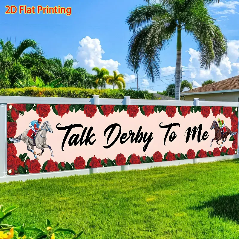 1pc 2D Flat Derby Race Yard Banner, Jockey & Rose Pattern, Indoor Outdoor Lawn Wall Party Decor
