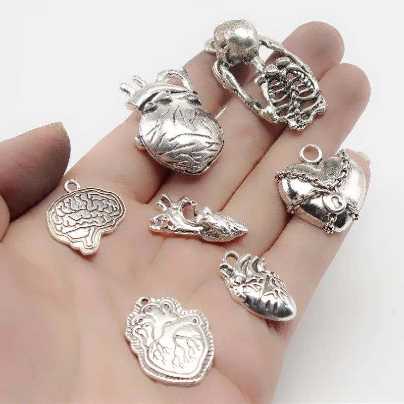 Punk Rock Style Brain Hearts Bone Alloy Pendant DIY Charms Necklace Earrings Jewelry Making P773