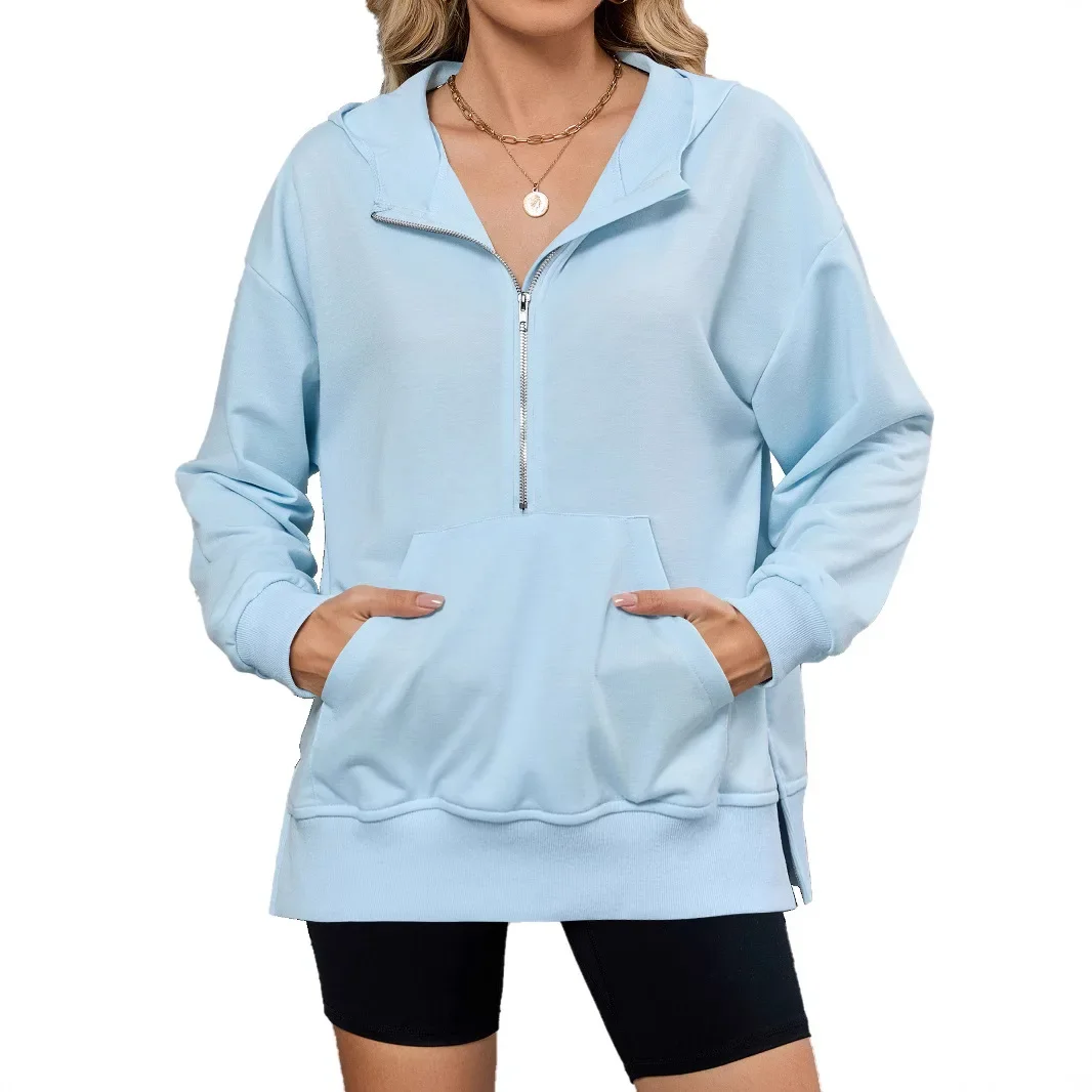 Chaqueta cómoda de fibra de poliéster para mujer, Top holgado de manga larga con capucha, sudadera con bolsillo y cremallera para primavera, verano y otoño