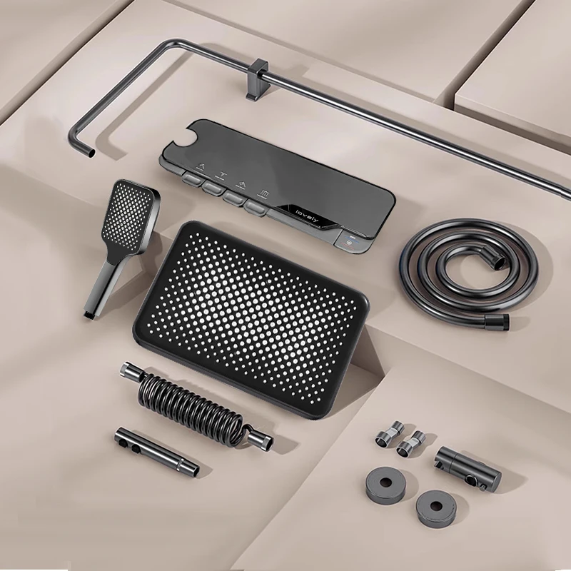 Gray Copper Piano Shower Set 4 Functions Rainfall Shower Head Hot and Cold Bathroom Shower System