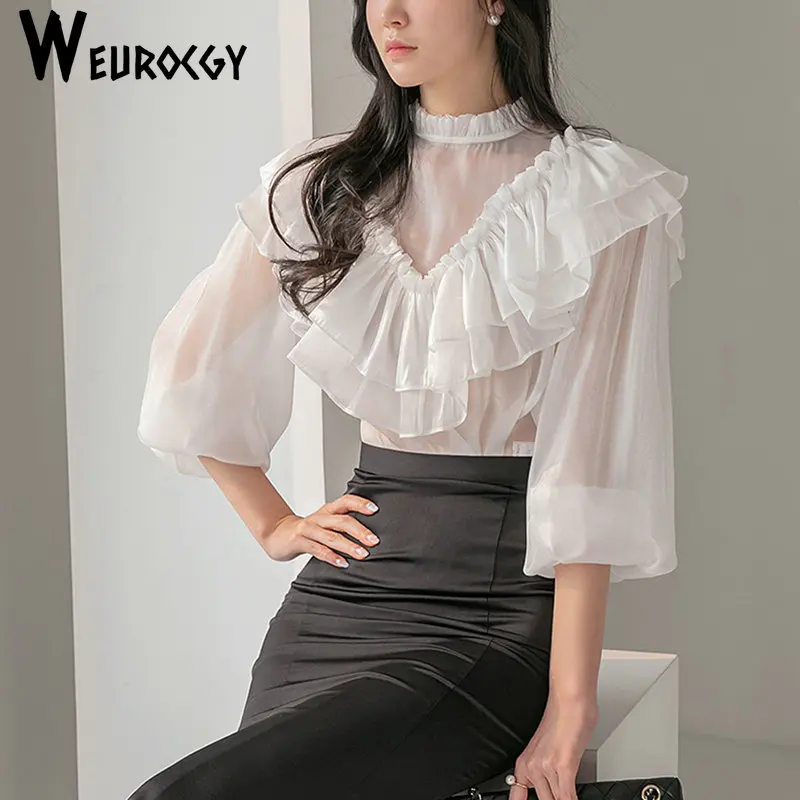 Women Blouse 2023 Summer Korean Edition Elegant Splicing Fashion Ruffles Top Autumn Flare Beading Chiffon Long Sleeve Shirt