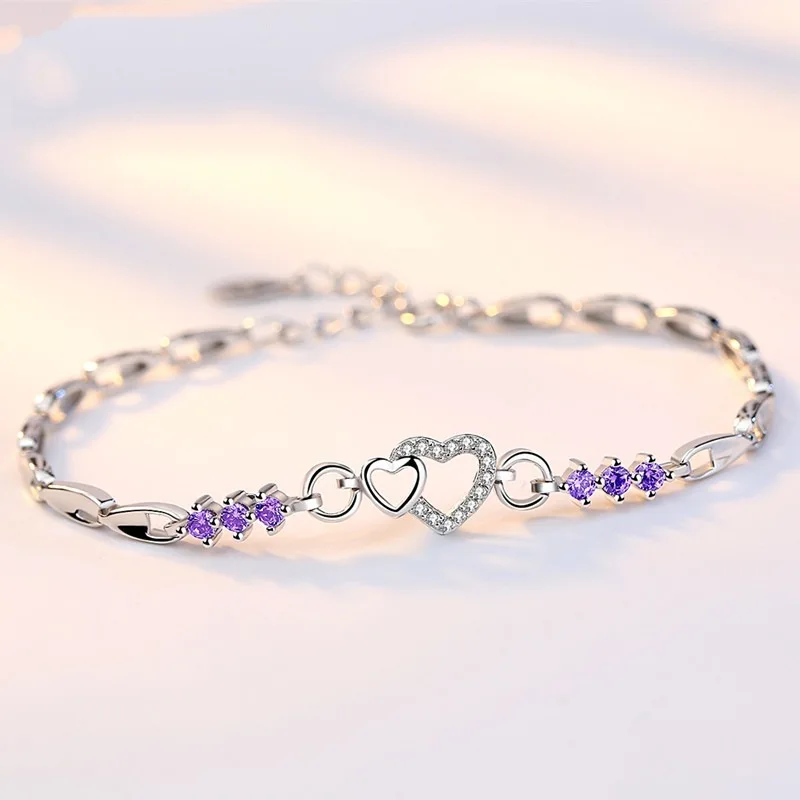 

Sterling Silver Bracelet Purple Crystal Zircon Heart For Woman Charm Bracelet Jewelry Gift