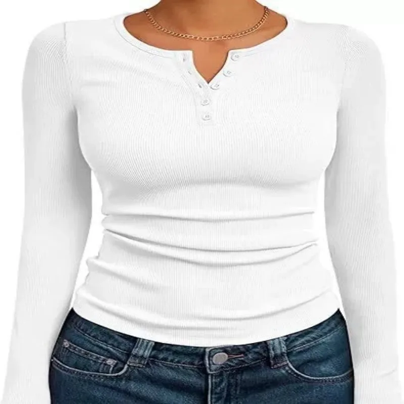 Frauen Herbst Frühling Top O Neck Button Langarm Shirts Einfarbig Slim Fit Pullover T-shirt Bluse Einfache Stil Dame Kostüm – Detail 12
