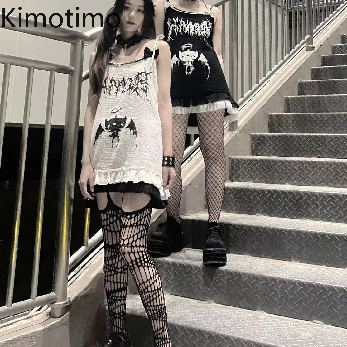 

Kimotimo Punk Style Bow Spaghetti Strap Dress Y2k Aesthetic Printed Patchwork Lace A-line Mini Dresses Summer Harajuku Sweetドレス