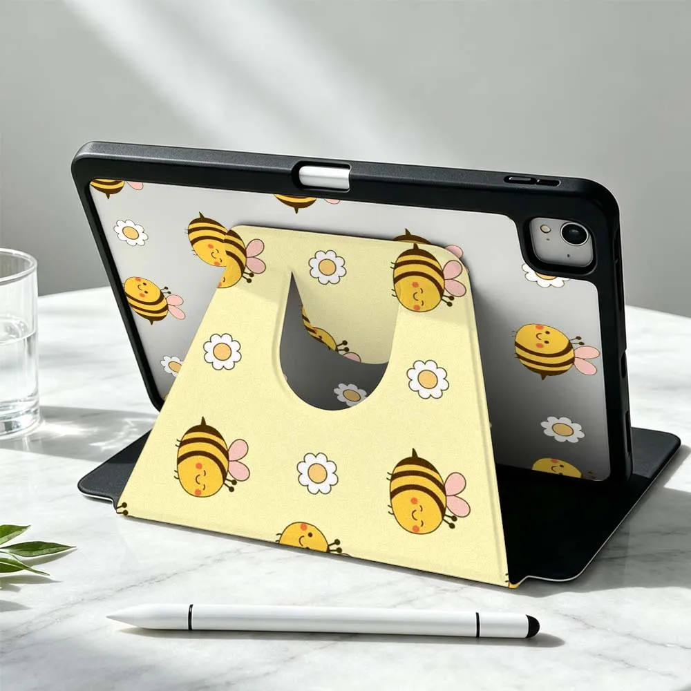 Cute Cartoon Bee For iPad Pro Air mini 6 5 4 12th M5 M4 M3 M2 A16 A17Pro 360° Rotation Stylus Storage Tablet Case