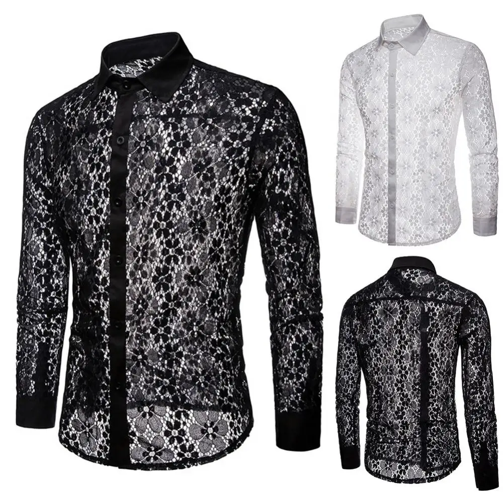 Camisa de algodón con cuello vuelto para hombre, camisa de manga larga con botones, Color sólido, encaje Sexy, transparente, ropa de discoteca