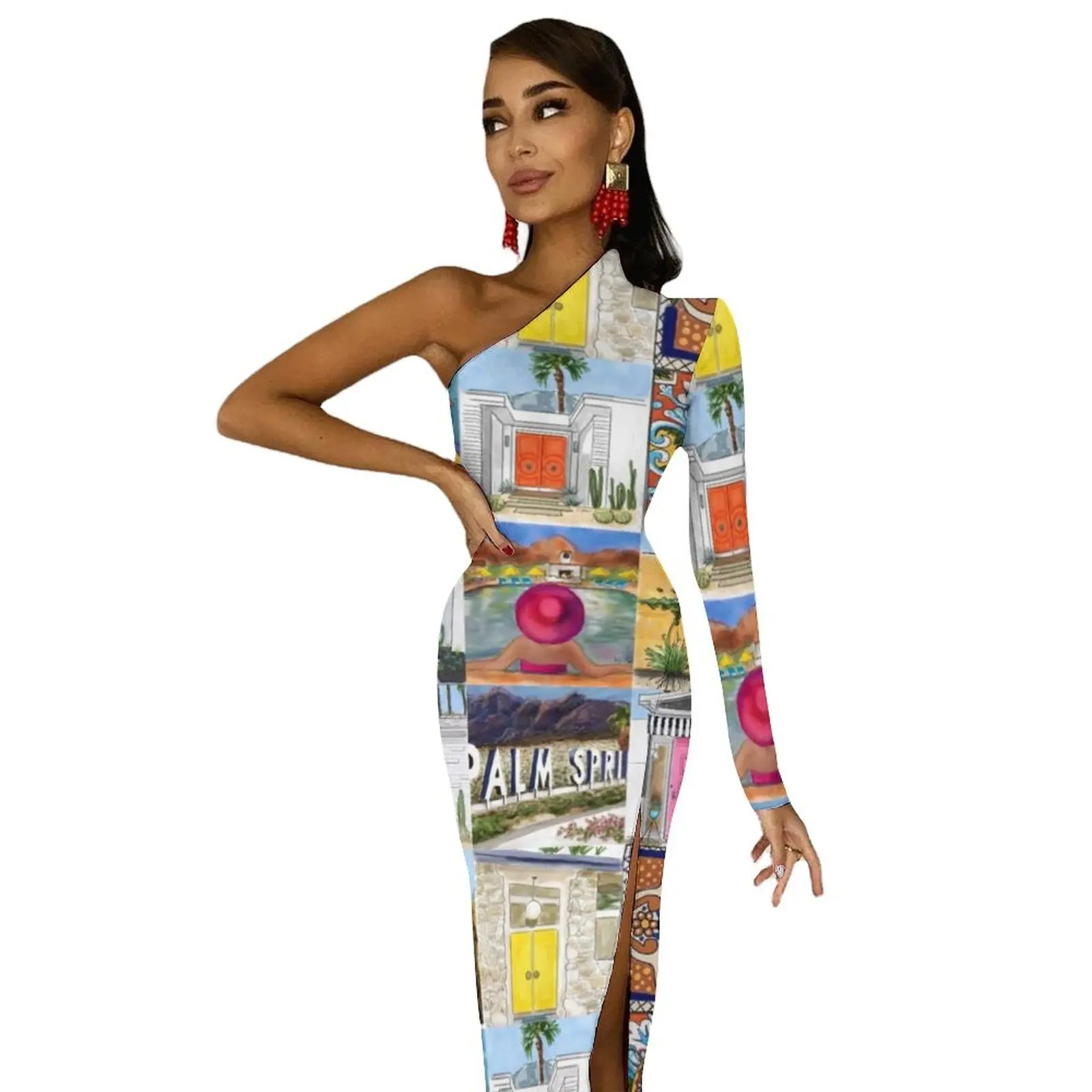 Férias meados do século maxi vestido de um ombro palma molas talavera bodycon vestido festa verão vestidos longos femininos vestidos personalizados