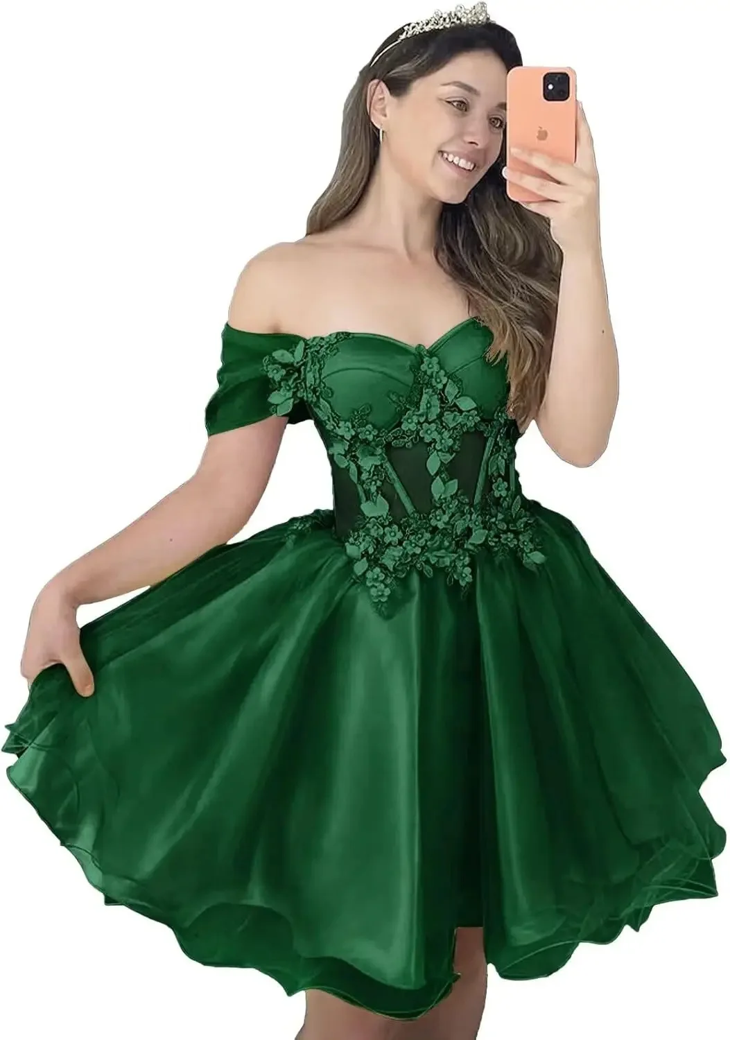 

New Short Green Prom Cocktail Dresses Off The Shouldesr 3D Flowers Lace Organza Birthday Formal Party Gowns Homecoming Dress