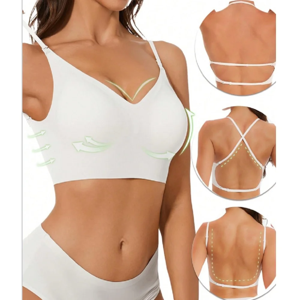 Women Invisible Bra Deep U Plunge Backless Bras Top for Dresses Removeable Padded Push Up Seamless Underwear Bra