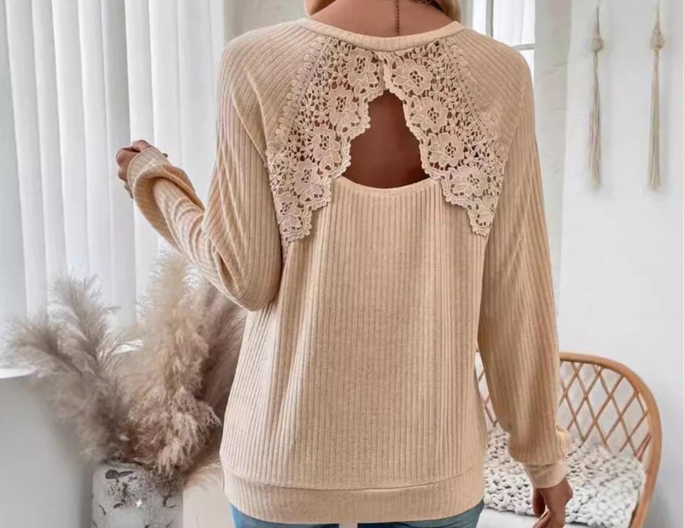 2024 New Women's Back Splicing Lace Lace Cutout with Rotator Sleeve Long Sleeve T-shirt Top Woman