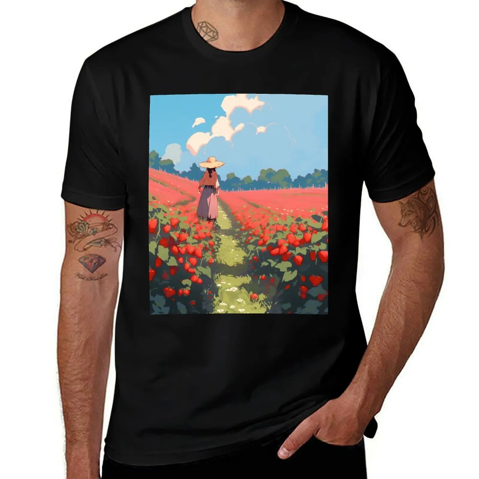 Strawberry field, anime scenery- Pixel art T-Shirt Casual Daily Wear Short Sleeve Top