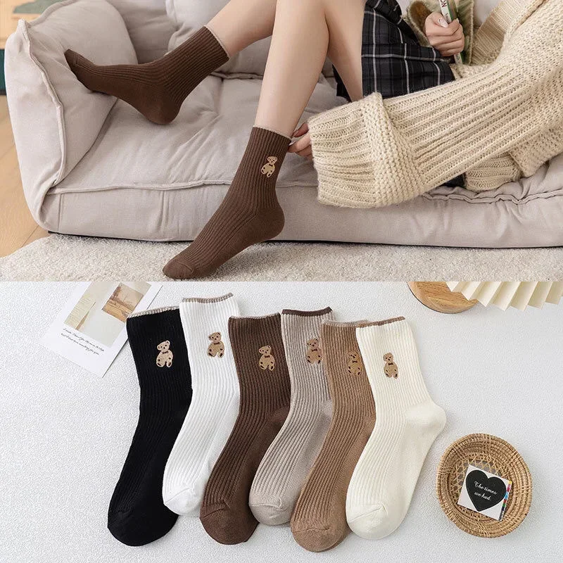 5 Pairs New Cute Bear Socks Women High Cotton Keep Warm Brown Sock Fuffy Funny Lovely Kawaii Cartoon Thermal Socks