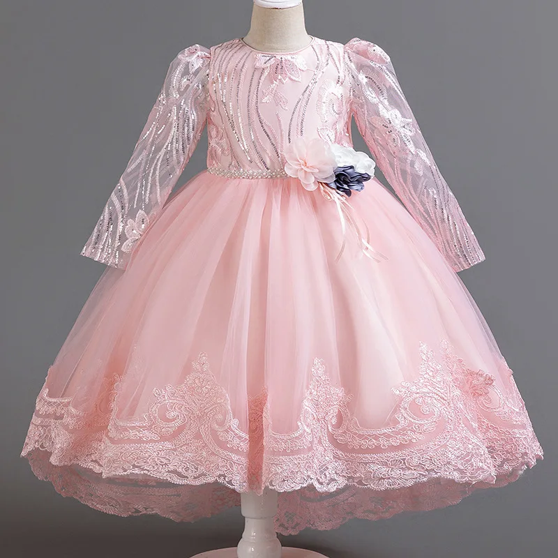 

Floral lace dress, long sleeved trailing princess girl dress, piano host performance suit