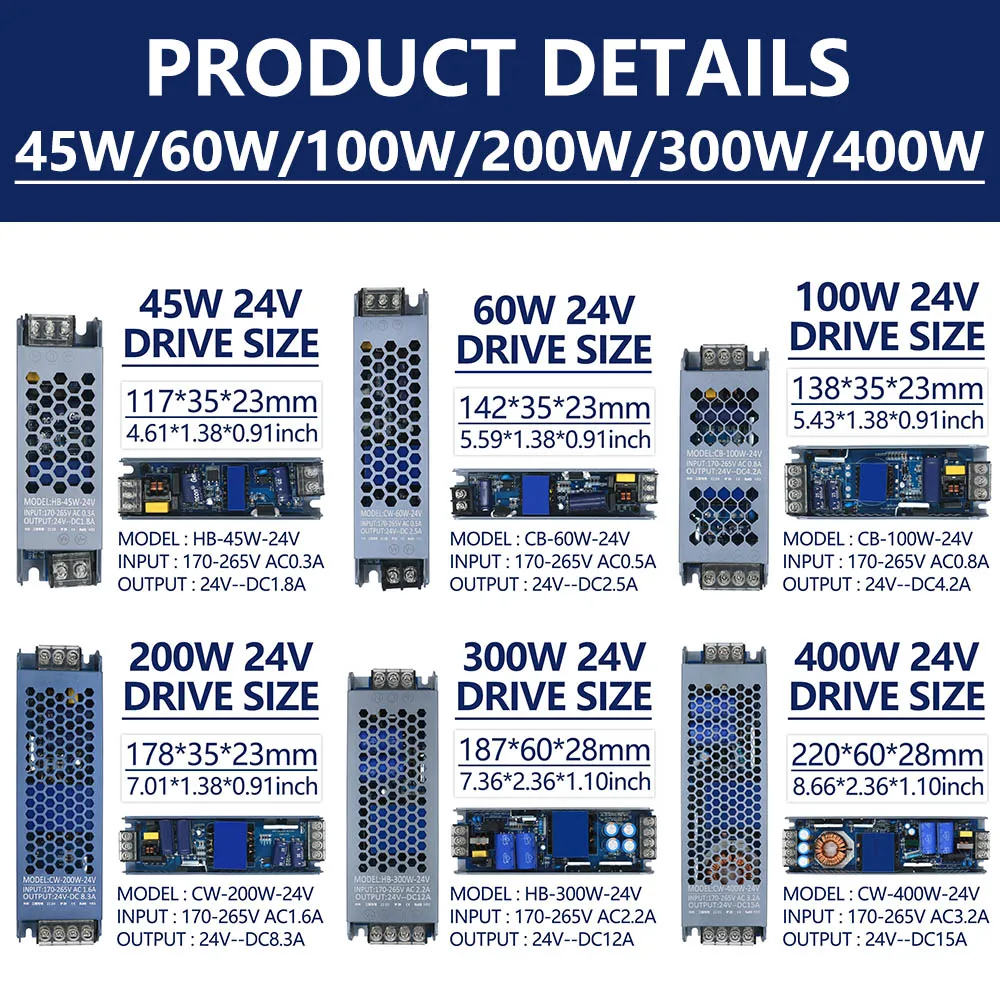 Ultra Thin LED Power Supply Adapter DC 24V Lighting Transformers 45W 60W 100W 200W 300W 400W AC170-265V Driver For LED Strips