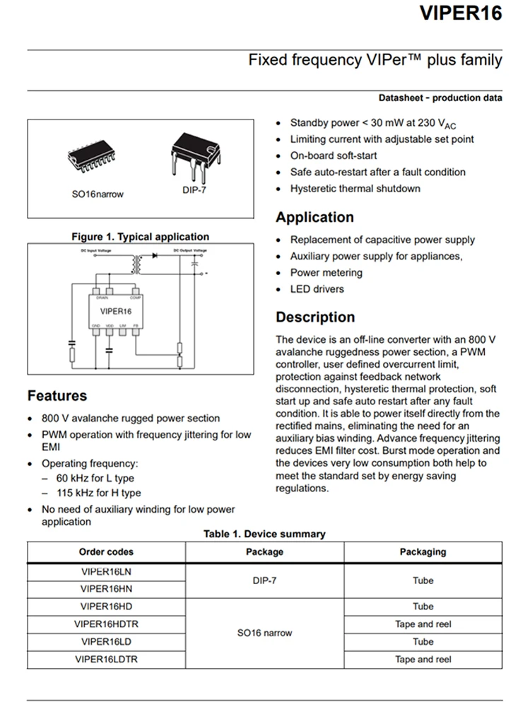 VIPER16L VIPER17L VIPER26L VIPER27L VIPER28L VIPER32 VIPER12A VIPER22A VIPER53 VIPER37L DIP-7 DIP-8 DIP-10 IC chip 5PCS