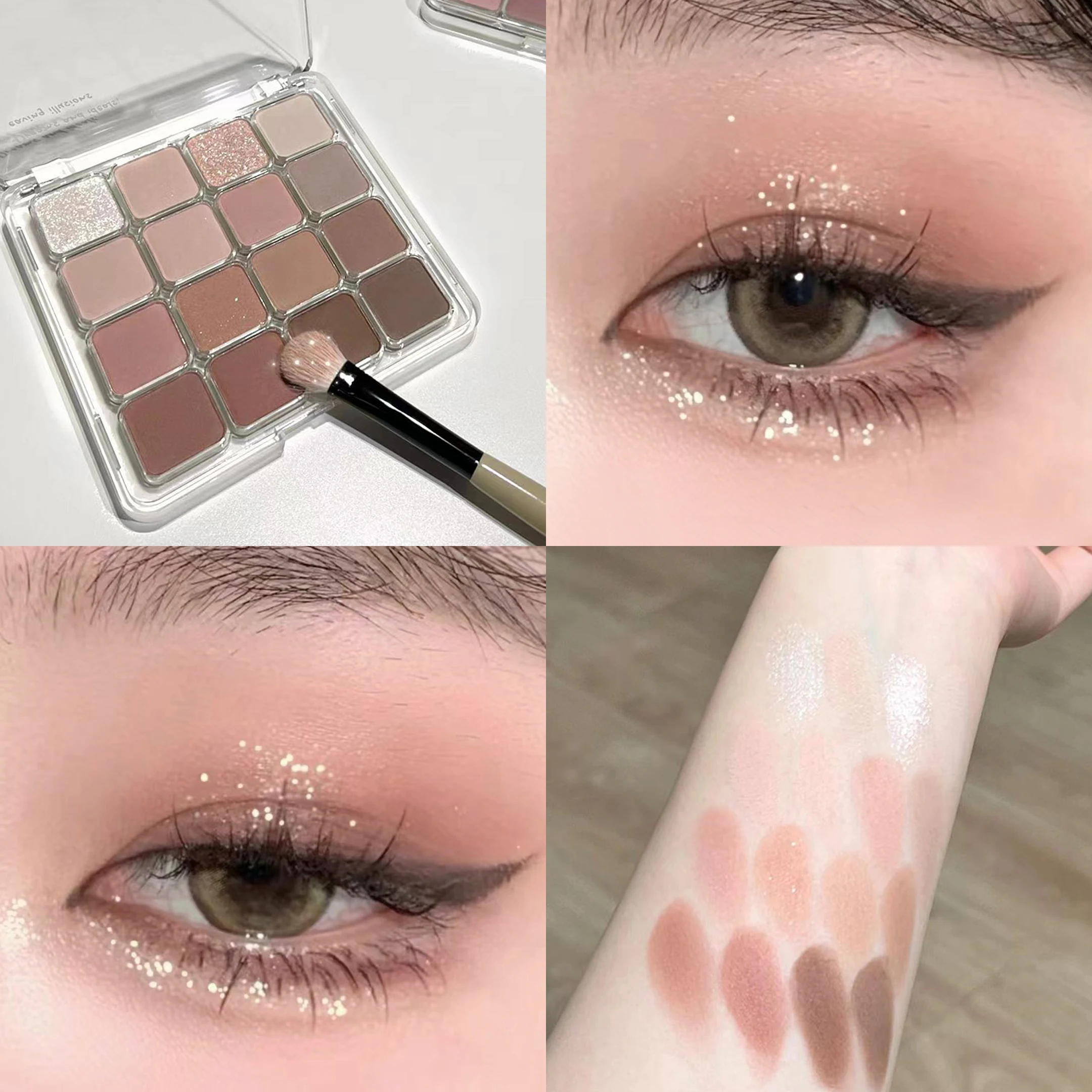 16 色のアイシャドウ パレット - グリッター、マット、シマー仕上げで、ブルー、ブラウン、コーラル、ピンクの優しい秋冬のトーンを演出します。