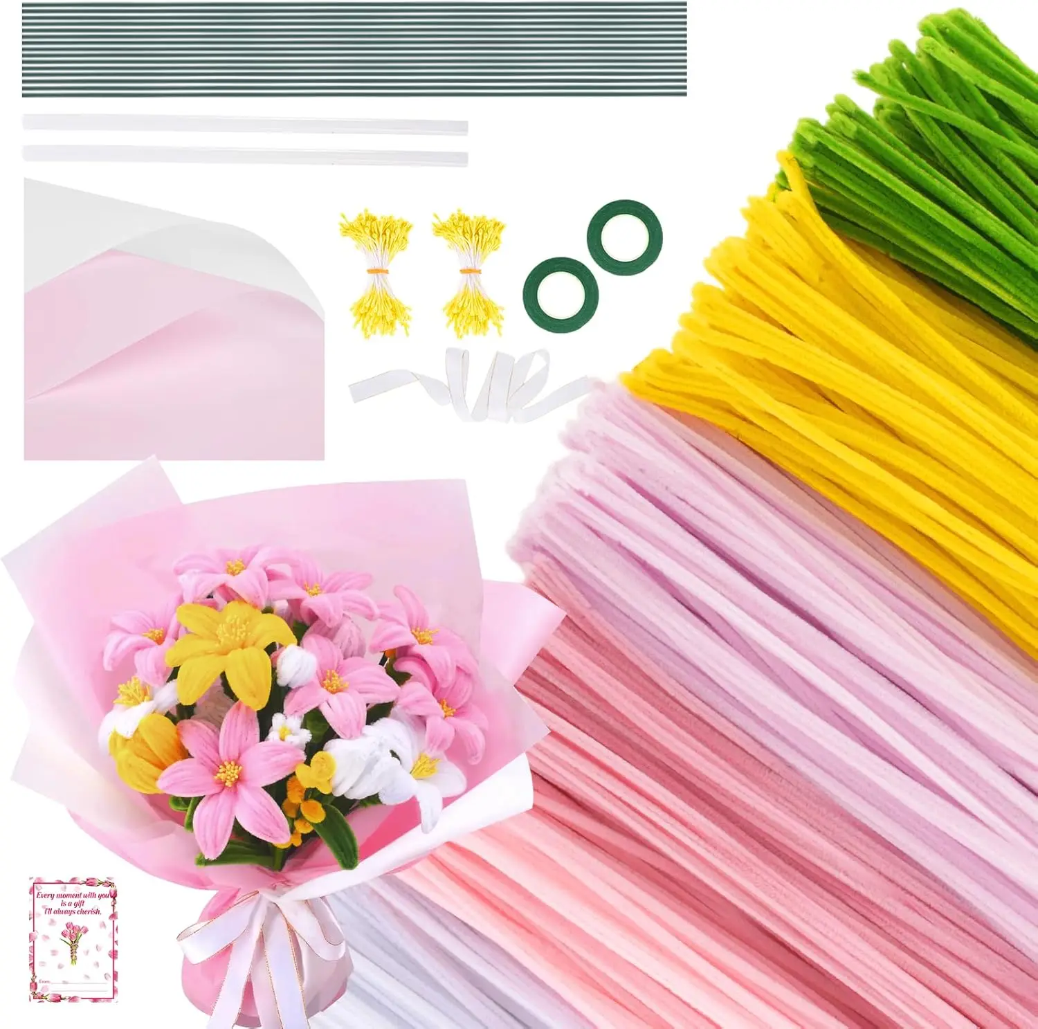 

600PCS Pipe Cleaners Craft Kit with Floral Wires, Gardening Tape, Stamen, Wrapping Paper & Ribbon for Art Supplies