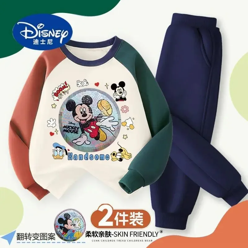 طقم هودي لامع للأولاد مكون من قطعتين من ديزني - طباعة ميكي متغيرة الألوان 2025 زي كرتوني جديد للخريف للأطفال الكبار