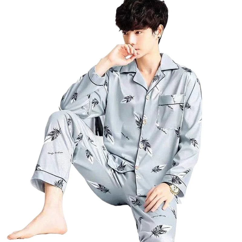 Men\'s Spring and Fall Long-Sleeved Long Pants Pajamas Cardigan Big Size Korean Nightwear Loungewear Leisure Sleepwear Homewear