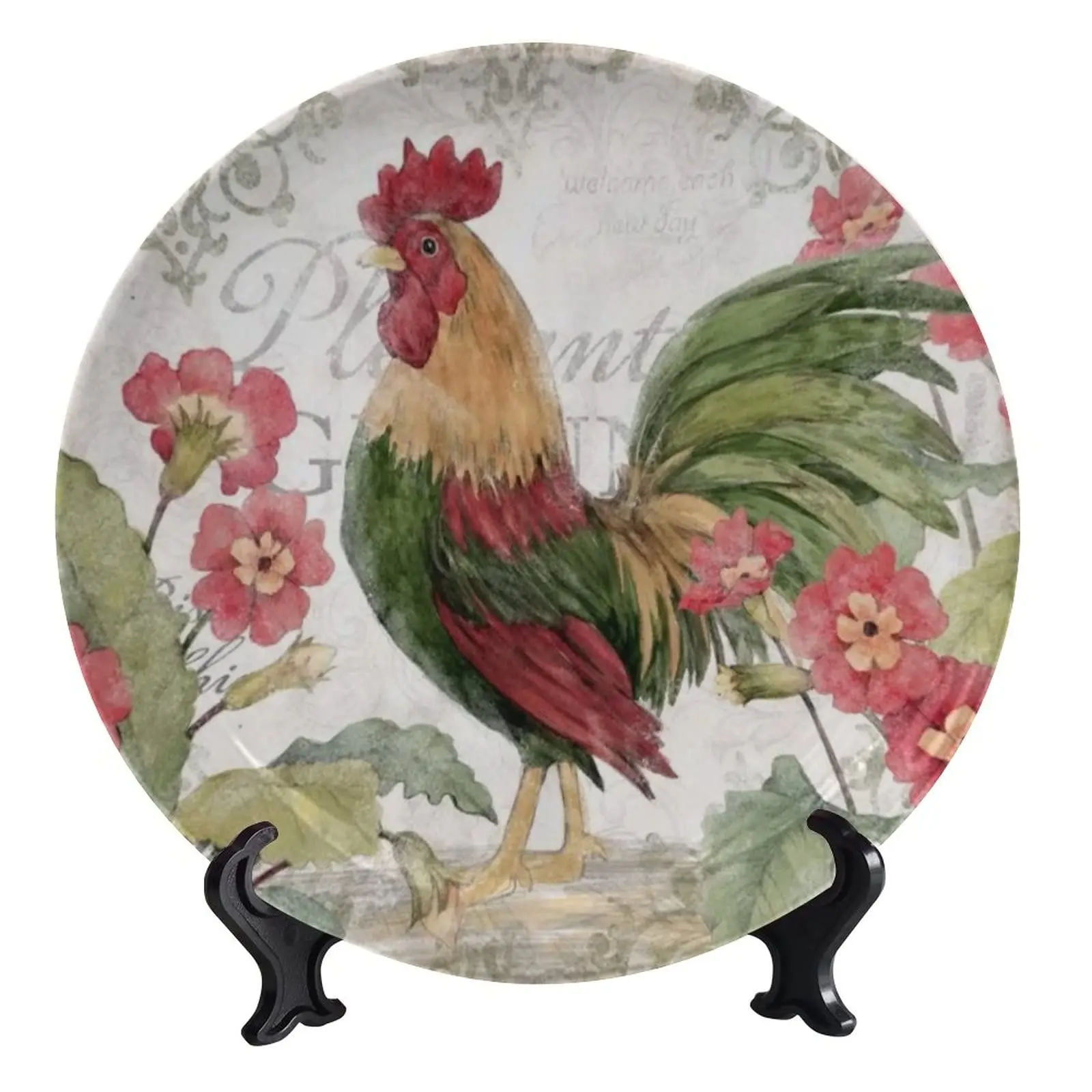 

Vintage Chicken Ceramic Hanging Decor Plate,Rooster on Plum Dish with Stand Ceramic Ornament Used for Display Kitchen Wall Decor